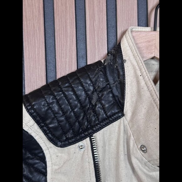 Blank NYC Moto Jacket Small Womens Beige Black Leather Linen Blend Biker - Picture 8 of 11